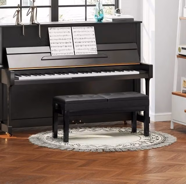 Panca per pianoforte ULEVR 105x37 cm regolabile 48-58 cm con 2 sedute e vano portaoggetti, nera