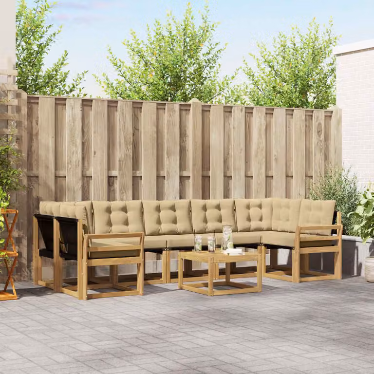 Set di divani da esterno vidaXL 8 pz in legno di acacia con cuscini bianco e beige