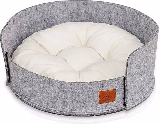 Letto rotondo Pfotenolym per gatti e piccoli cani, grigio, con bordo rialzato e fodera rimovibile in cotone e feltro