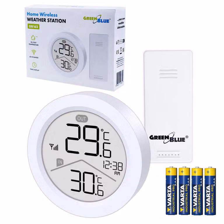 Stazione meteorologica wireless GreenBlue Temperatura IN/OUT Orologio a scelta °C / °F Portata fino a 60 m GB162 4 batterie AAA