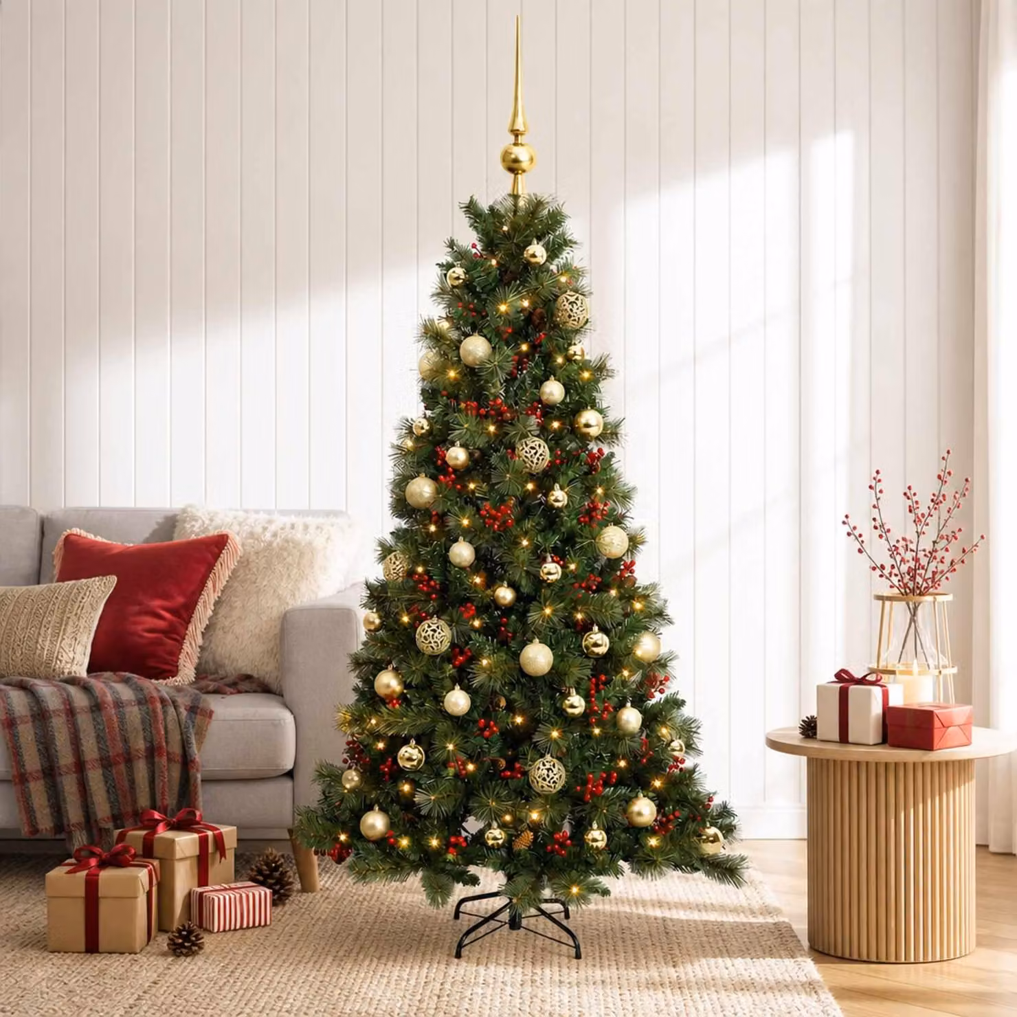 Albero di Natale artificiale con decorazioni natalizie, altezza 150 cm, 150 luci LED