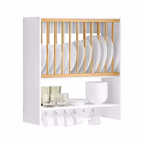 SoBuy Porta Piatti d'angolo, 11 piatti & 7 ganci, bianco, 64x71x24cm