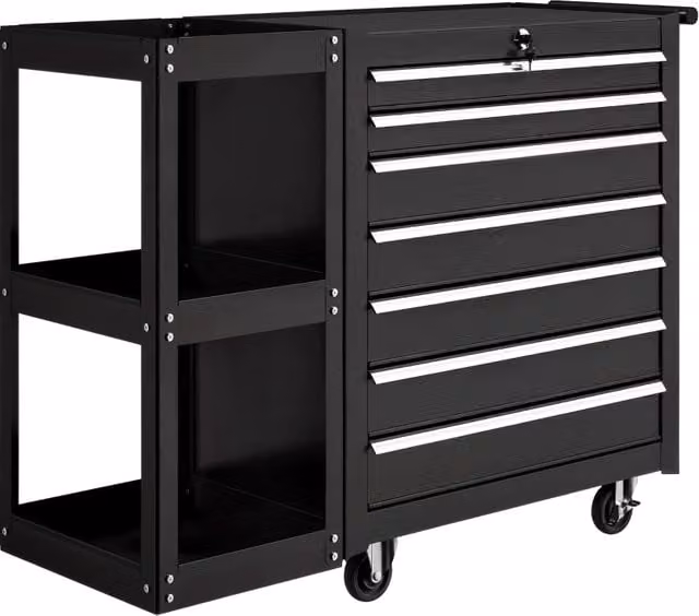 Carrello portautensili da officina con 7 cassetti estraibili, ripiano laterale e 4 ruote con freno, 96x33,5x75 cm, nero