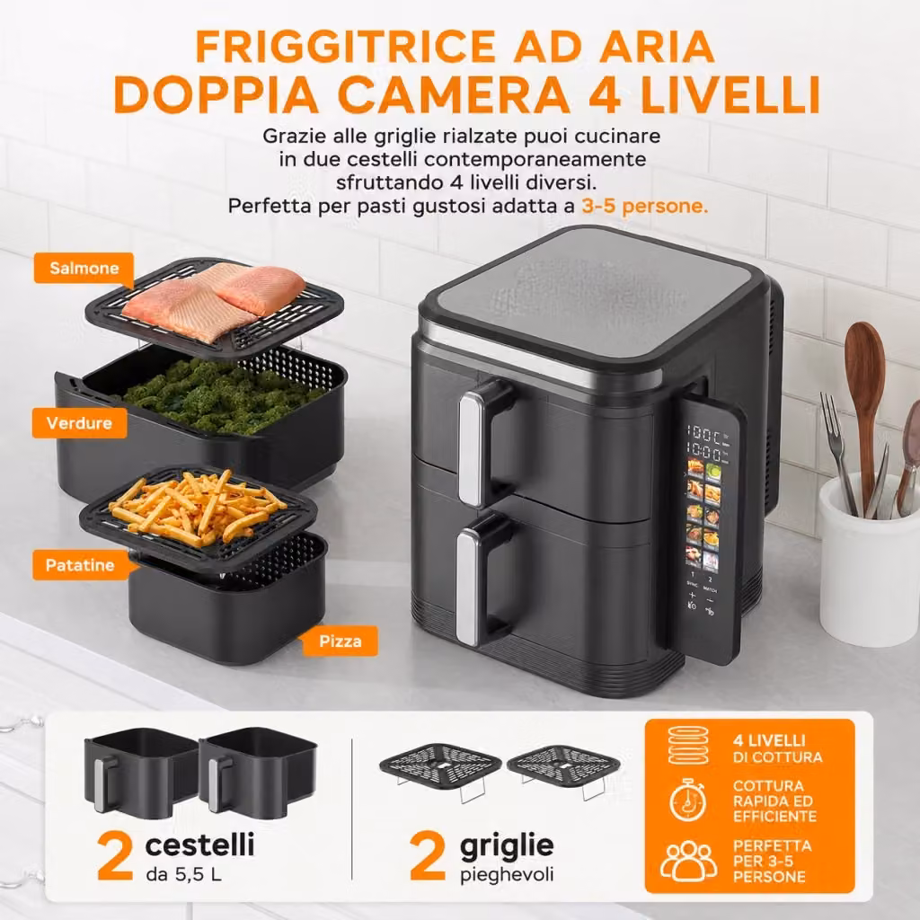 Friggitrice ad Aria SOLEILUX Dual Zone da 11 Litri con Doppio Cestello da 5,5+5,5L, 2800W, Display LED Touch, 12 Programmi e Timer, Colore Nero – 2