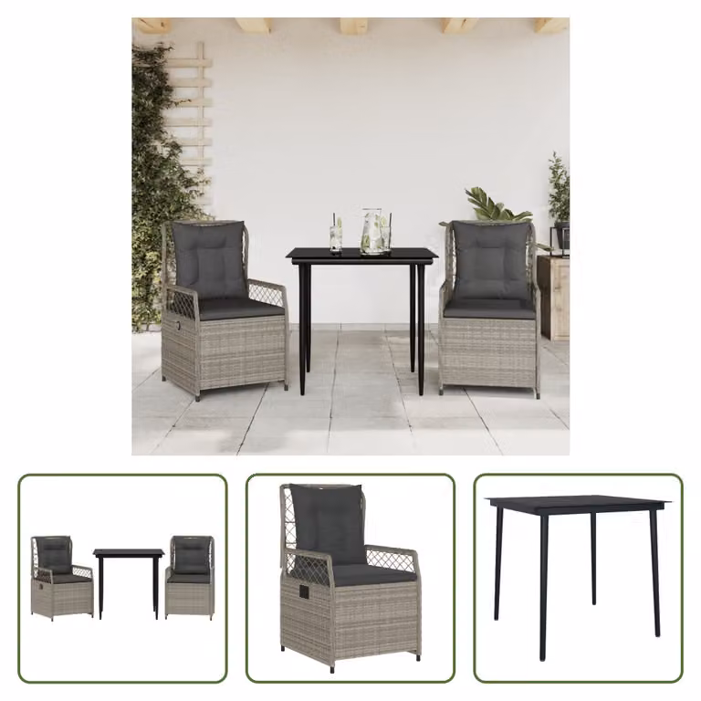 The Living Store Set da pranzo da giardino 3 pezzi con cuscini in rattan grigio chiaro