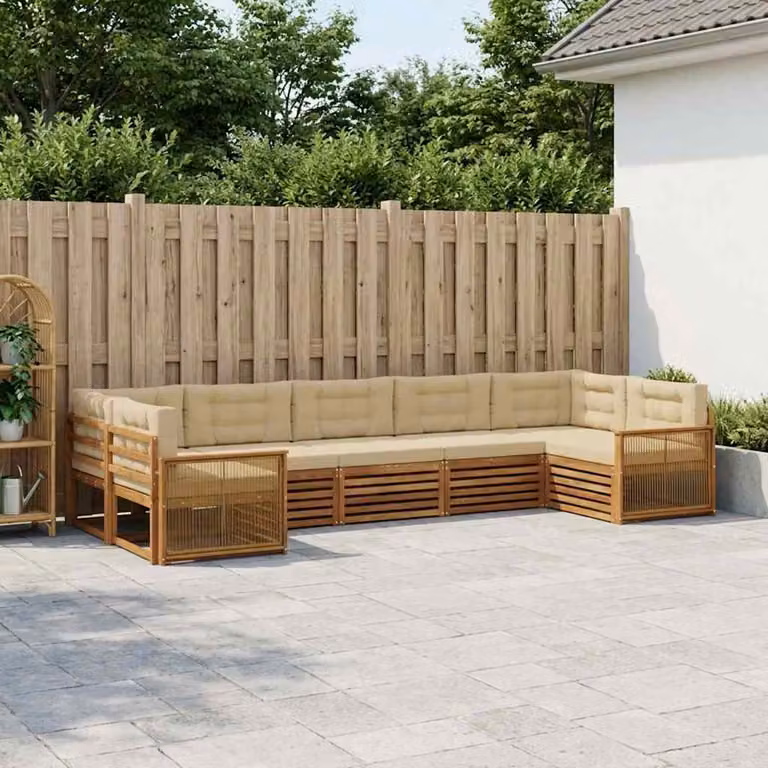 Set di divani da esterno vidaXL a forma di U composto da 7 pezzi in legno di acacia con cuscini beige e marrone