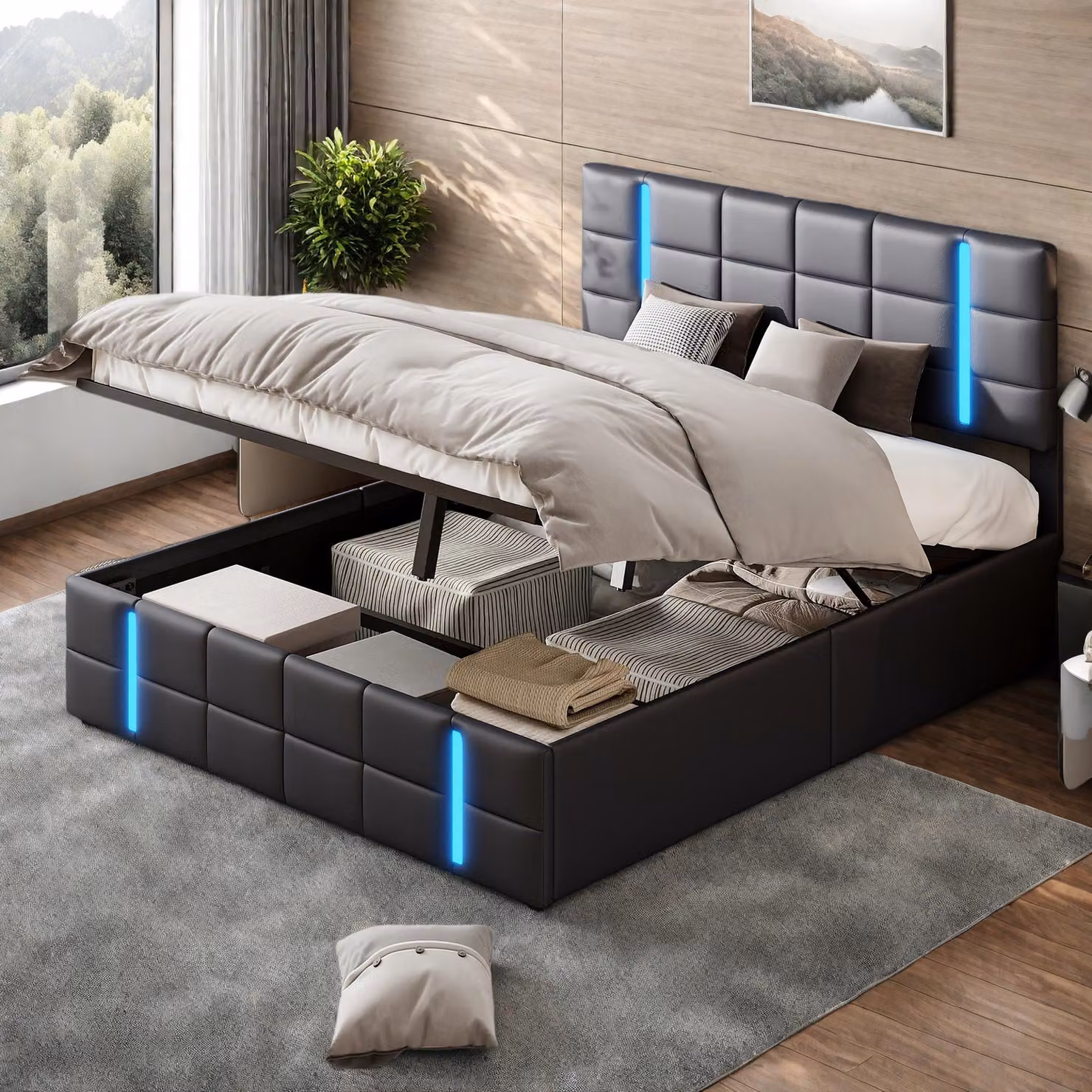 Letto matrimoniale ProximaX 160x200 cm in Finto cuoio nera con illuminazione a LED, porta USB e spazio di archiviazione sotto la base del materasso - Letto imbottito moderno con comfort e funzionalità