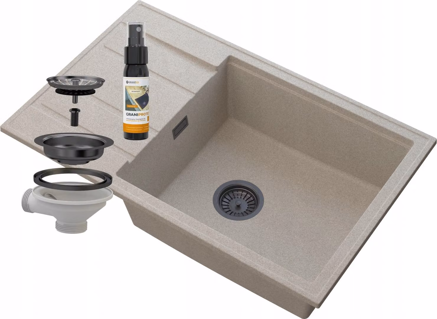Granitan - Lavello in granito - Lavello da cucina - Lavello beige - con scolapiatti - Vasca lavello - LOUIS