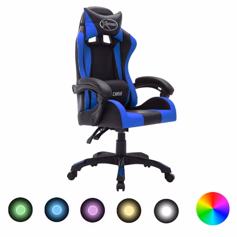 Sedia da gioco con luci LED RGB in ecopelle blu e nera