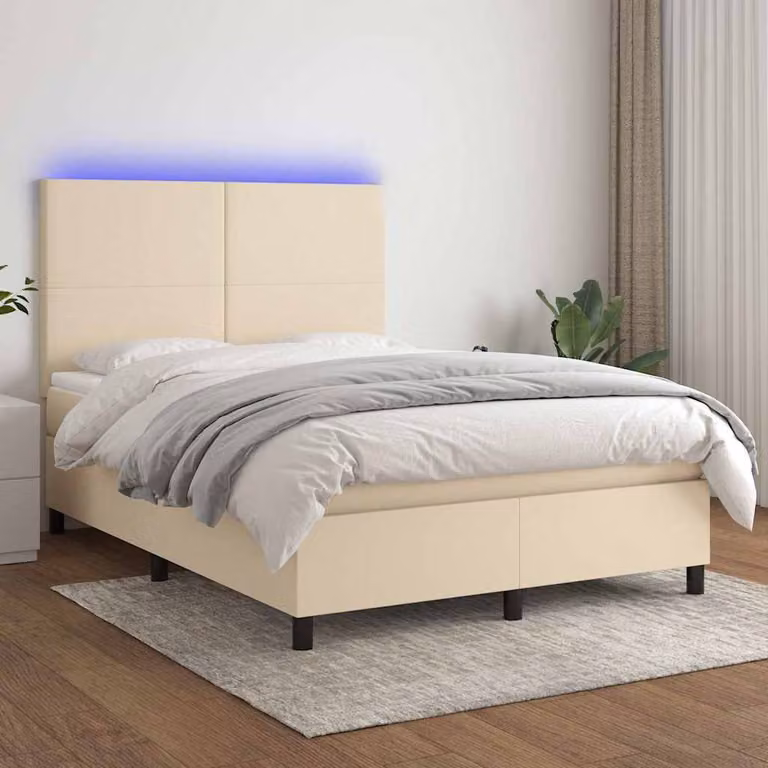 Letto Ibrido vidaXL con Materasso, Illuminazione LED Sottostante e Porte USB, Tessuto Beige e Bianco, L/P: 140 x 200 cm