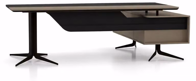 Scrivania angolare di design, beige, minimalista, con spazio contenitivo