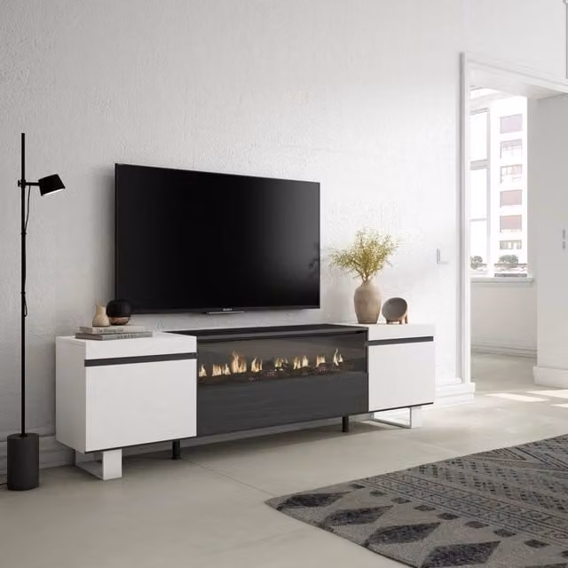 Mobile TV, 200x35x57cm, soggiorno, Per TV fino a 80", Camino elettrico, Design industriale, Bianco e nero RF2170