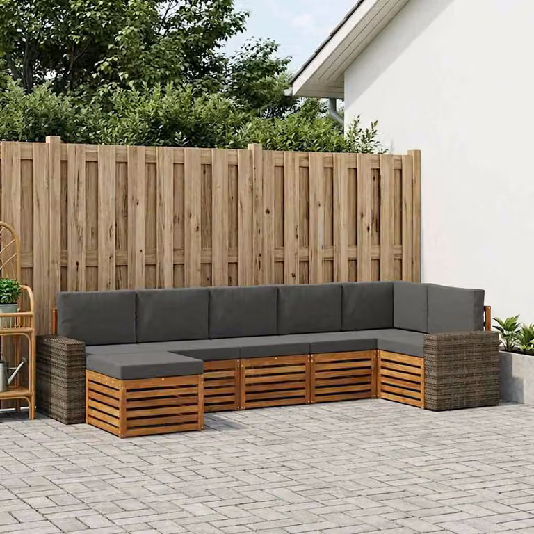 vidaXL Set di divani da esterno a L composto da 7 pezzi in legno di acacia con cuscini beige e antracite