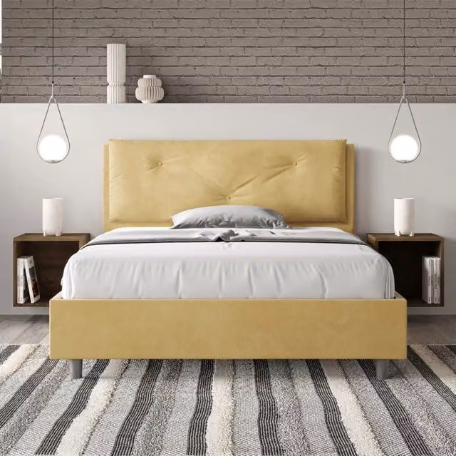 Letto imbottito Letto Matrimoniale alla Francese 140x210 cm Large - Con rete,Microfibra,Ocra