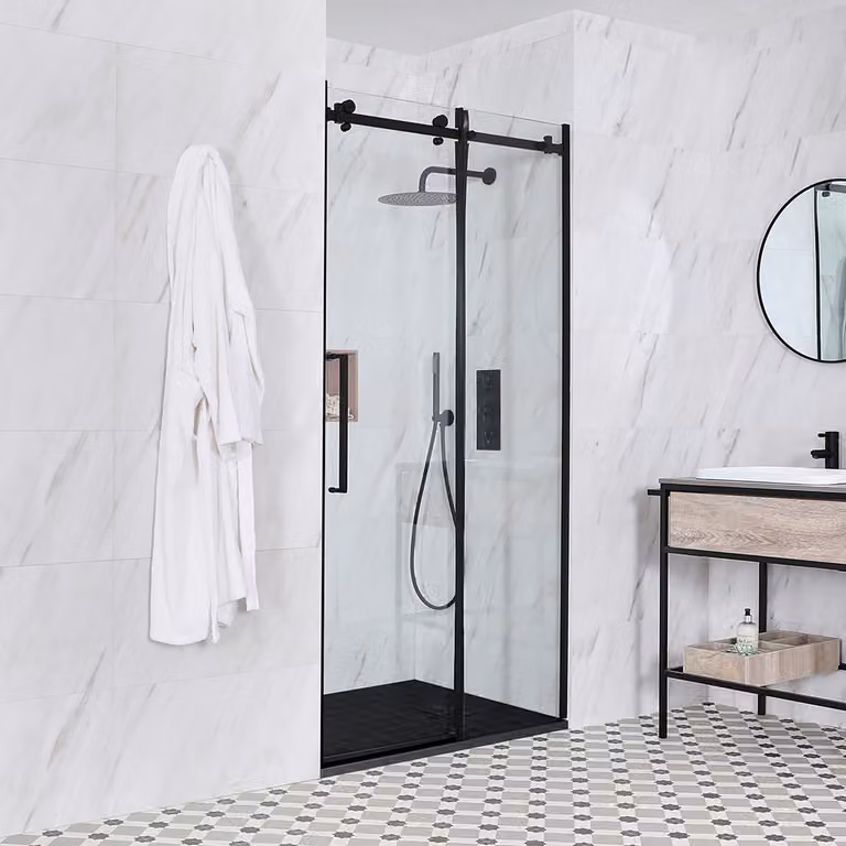 Porta Doccia Scorrevole Senza Telaio con Piatto Doccia Ardesia - Grigio Chiaro - 1200 x 900mm - Nox