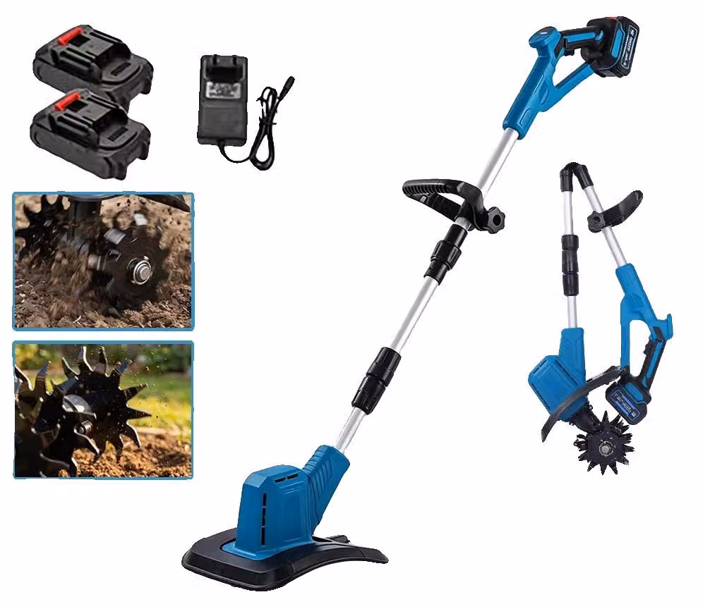 Motocoltivatore elettrico, larghezza di lavoro di 20 cm, profondità di lavoro di 16 cm, testina a doppio coltello da 360 giri al minuto, interruttore di sicurezza doppio, include due batterie da 3000 mAh
