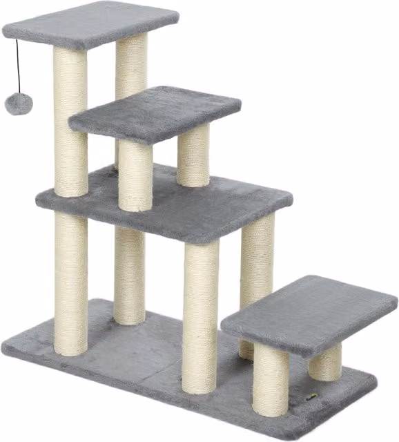Scala per gatti PawHut regolabile con 4 gradini in sisal, gioco integrato e tiragraffi, Grigio, L 70 x P 32 x H 68 cm – 1