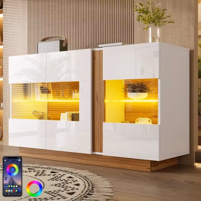 Sideboard moderno in bianco e naturale con 3 ante acriliche, 2 scomparti e illuminazione LED dimmerabile - 140x38x80 cm