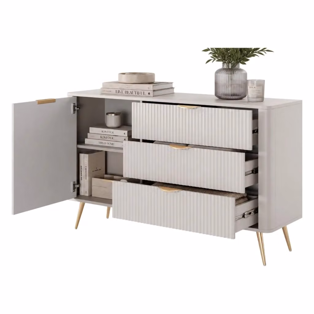 Madia Halilomo DMORA, Credenza con 3 Cassetti Beige e Oro per Soggiorno o Cucina, L: 138 cm, P: 38 cm, H: 81 cm – 2