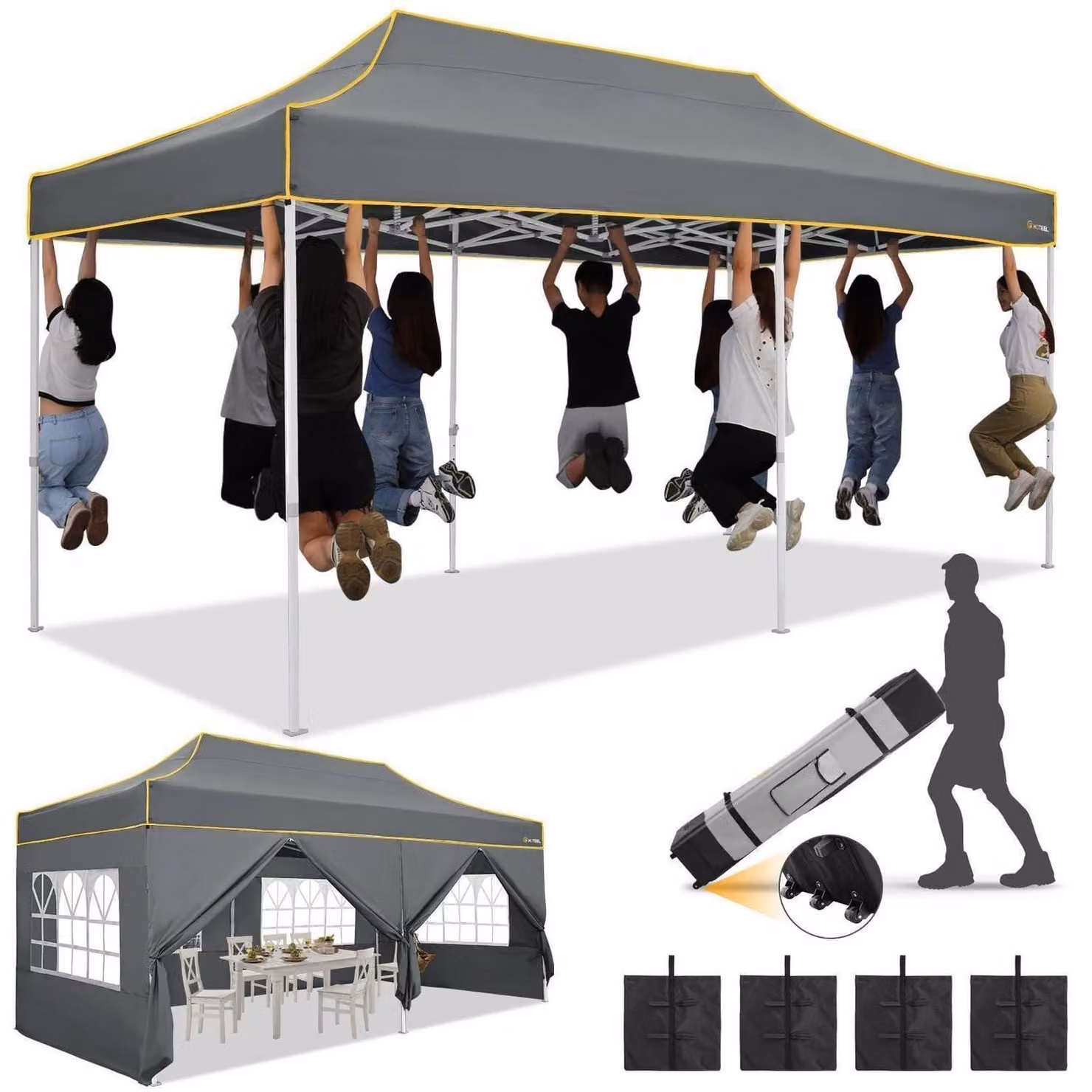 Gazebo da esterno 3x6 metri, impermeabile, con protezione UV 50+, colore grigio, completo di 6 pannelli laterali e borsa per il trasporto