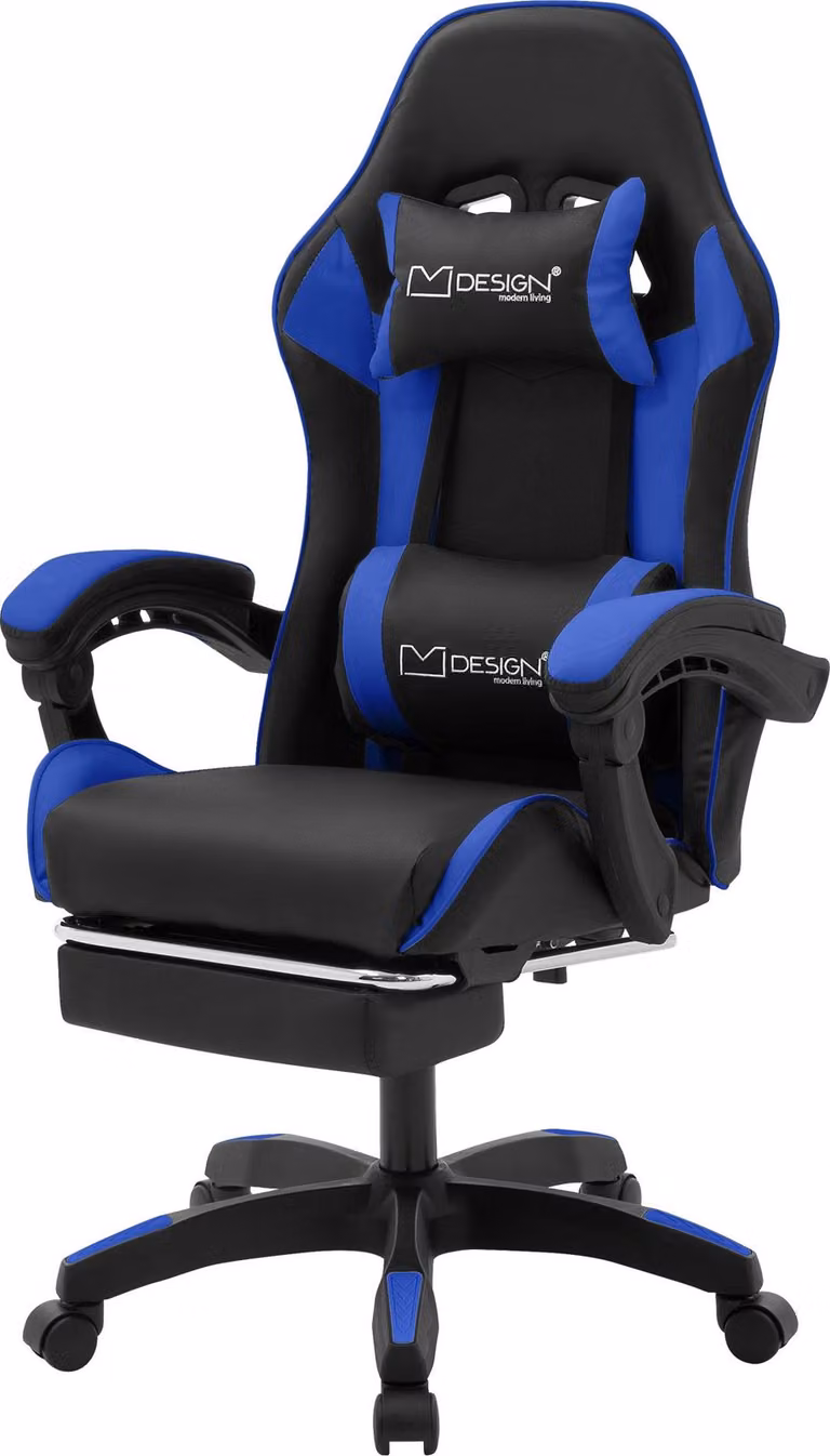 ML-Design sedia da gioco con poggiapiedi, Pelle finta nero-blu, sedia da ufficio ergonomica con bracciolo poggiatesta cuscino lombare, sedia girevole regolabile