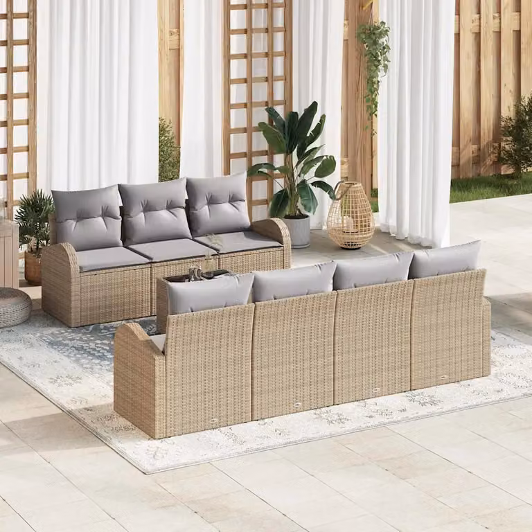 Set Divano da Giardino vidaXL 8 Pezzi Beige con Cuscini e Tavolino in Polyrattan e Acciaio