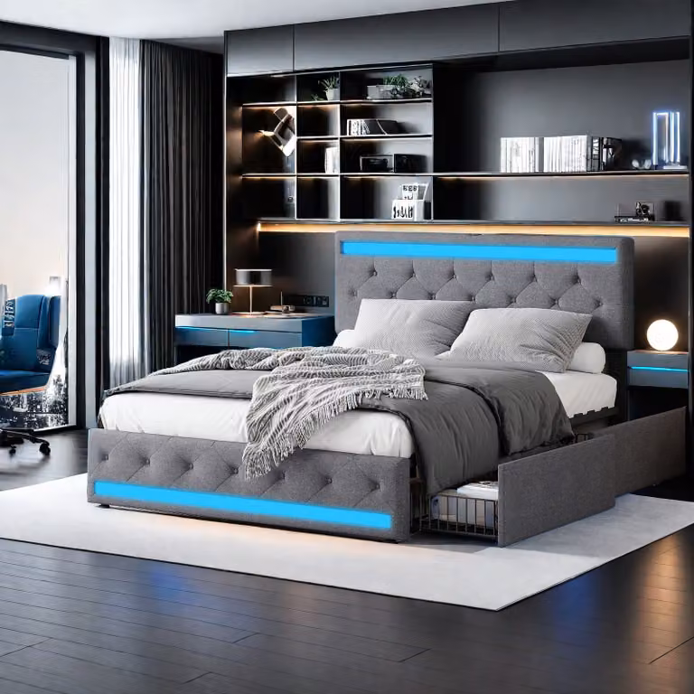 UnboxG Letto imbottito 180x200 con LED e connessione USB, 4 cassetti, letto matrimoniale in flanella con contenitore, letto con rete a doghe, schienale della testata, struttura letto moderna, grigio