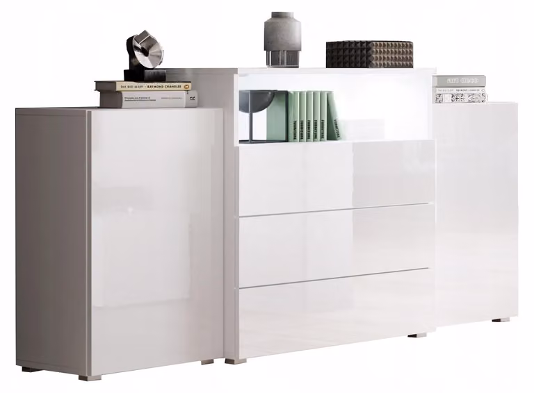 Comò moderno da 150 cm con 3 cassetti, vano aperto e ante, finitura bianca opaca/lucida, realizzato con laminato
