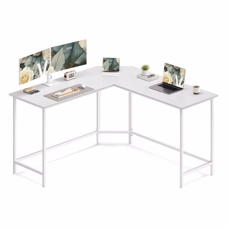 Scrivania per Computer a Forma L Greige e Nero, Bianco Acero