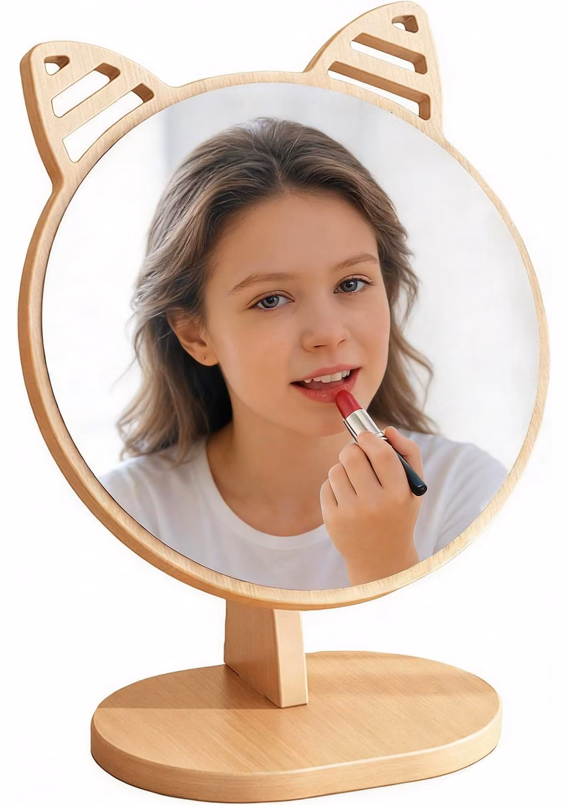 Specchio da trucco in legno con orecchie a forma di gatto, dimensioni 17x9,5x23 cm