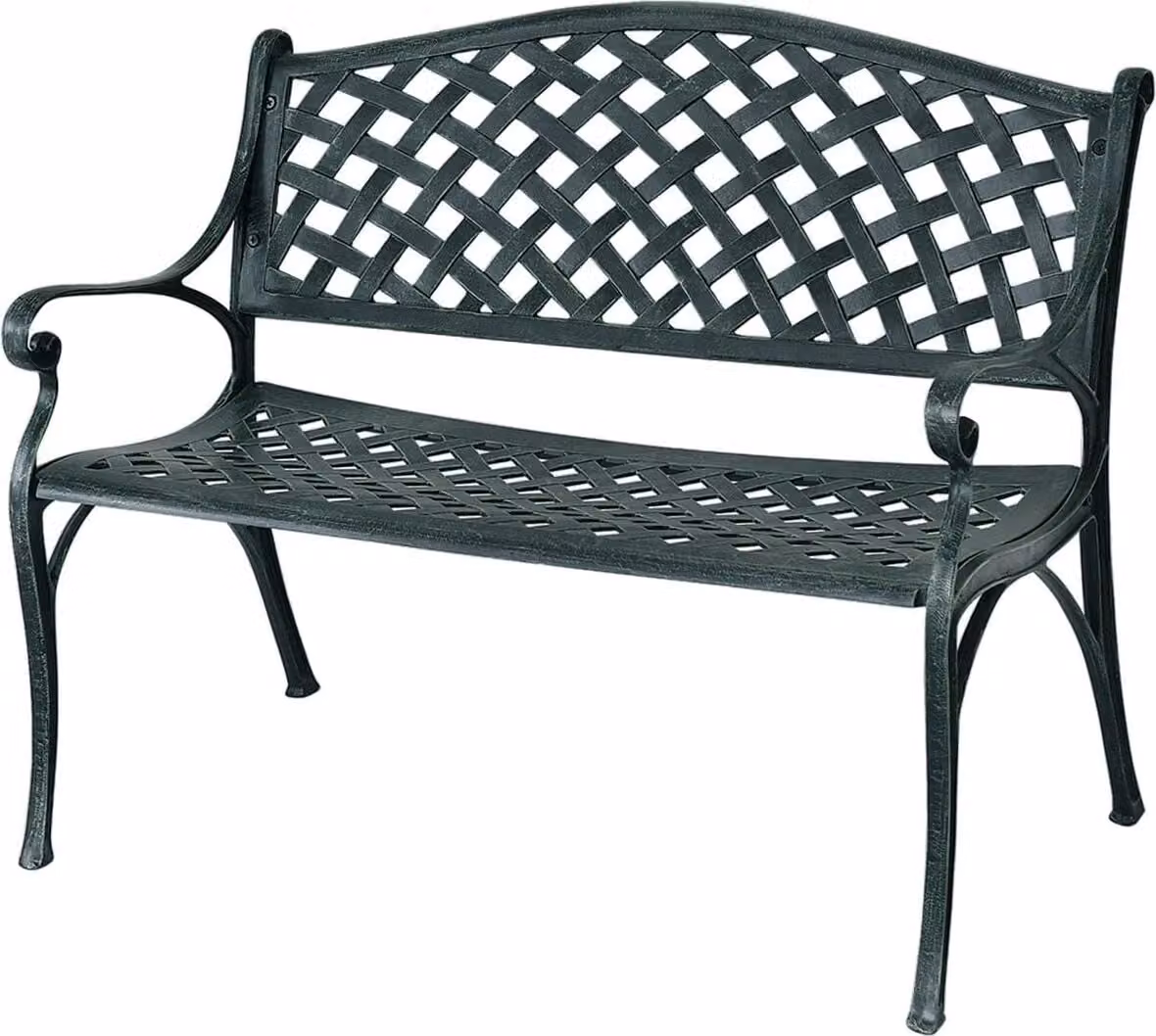Panchina da giardino KOMFOTTEU a 2 posti, panchina da esterno in alluminio resistente alle intemperie, panchina da terrazza con schienale e braccioli, panchina in metallo per balcone e giardino, verde antico