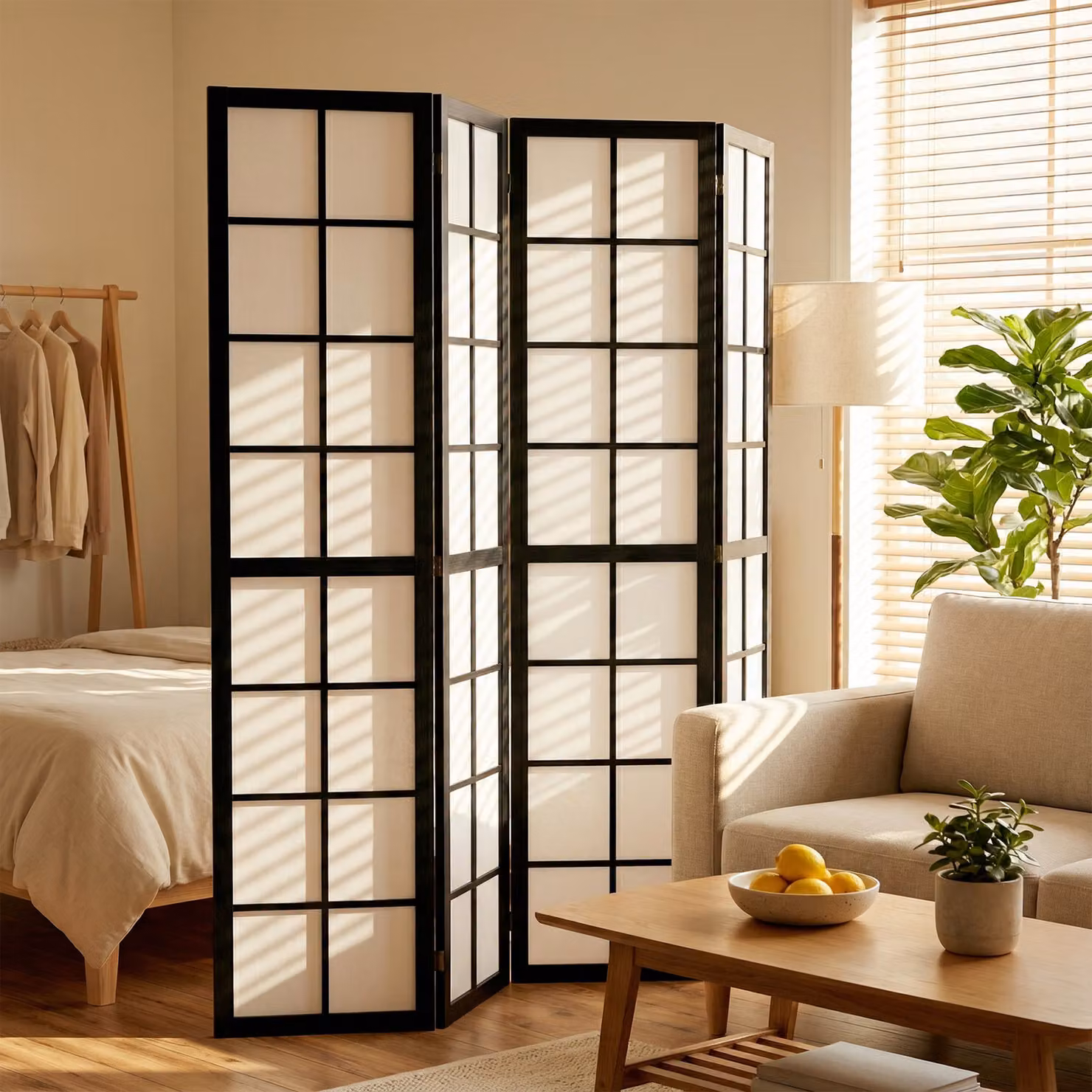 Paravento da interno HOMCOM a 4 pannelli pieghevole in legno e tessuto, Nero e Bianco, H: 170 cm, L: 160 cm – 2