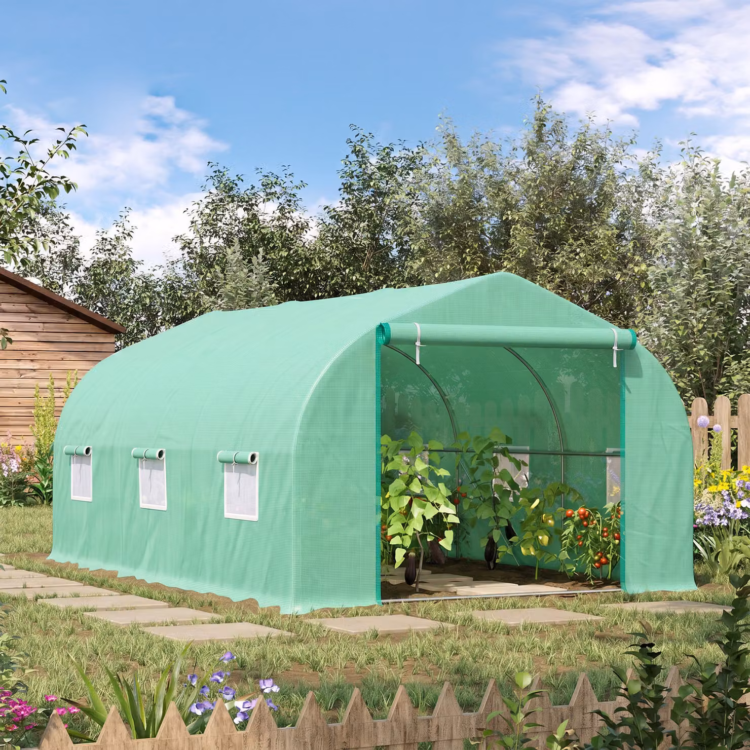 Serra da giardino a tunnel Outsunny con tetto spiovente in PE e tubi d'acciaio, Verde scuro, L: 4.5 m, P: 3 m, H: 2 m – 2
