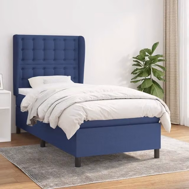 Letto Ibrido vidaXL con Giroletto a Molle e Materasso in Tessuto Blu e Bianco L/P/H: 90 x 200 x 40 cm