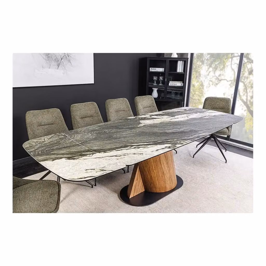 Tavolo da pranzo estensibile Meublorama con piano in ceramica grigio lucido effetto astratto e base in legno e metallo stile moderno – 2
