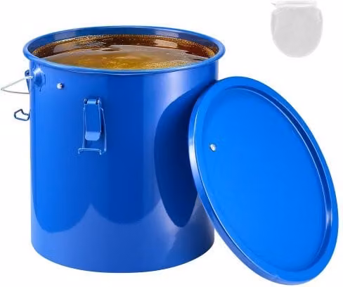 Secchio per olio e grasso per friggitrice VEVOR in acciaio al carbonio con coperchio, clip di chiusura e sacchetto filtrante, colore blu