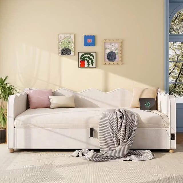 Divano letto 90x200 cm, con vano portaoggetti, presa USB, imbottito, in velluto, beige