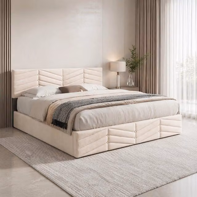Letto Imbottito REDOM in Velluto Beige con Base a Sollevamento L/P: 140 x 190 cm