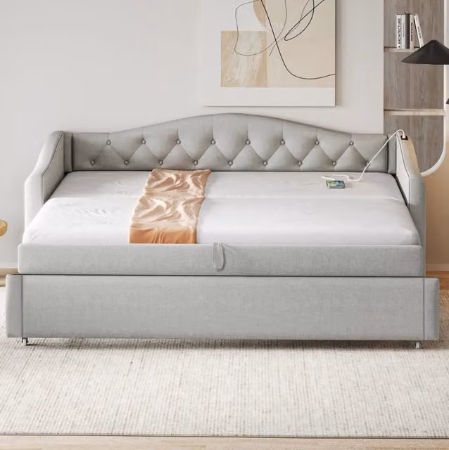 Letto imbottito 90x200 cm multifunzionale con USB in lino grigio