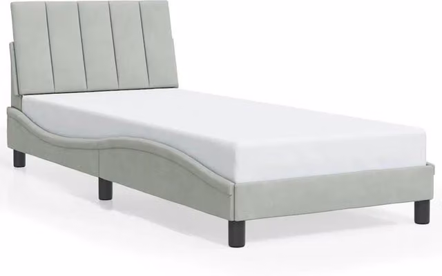 Letto singolo Hanko in velluto grigio con illuminazione integrata e pannello imbottito L/P/H: 190 x 90 x 74,5 cm