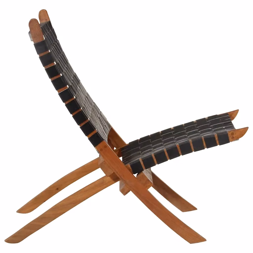Sedia pieghevole vidaXL in vera pelle nera e legno di acacia – 2