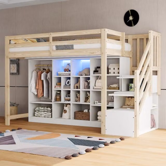Hochbett 90x200 cm in legno con contenitore; LED integrata e scala laterale; bianco e naturale