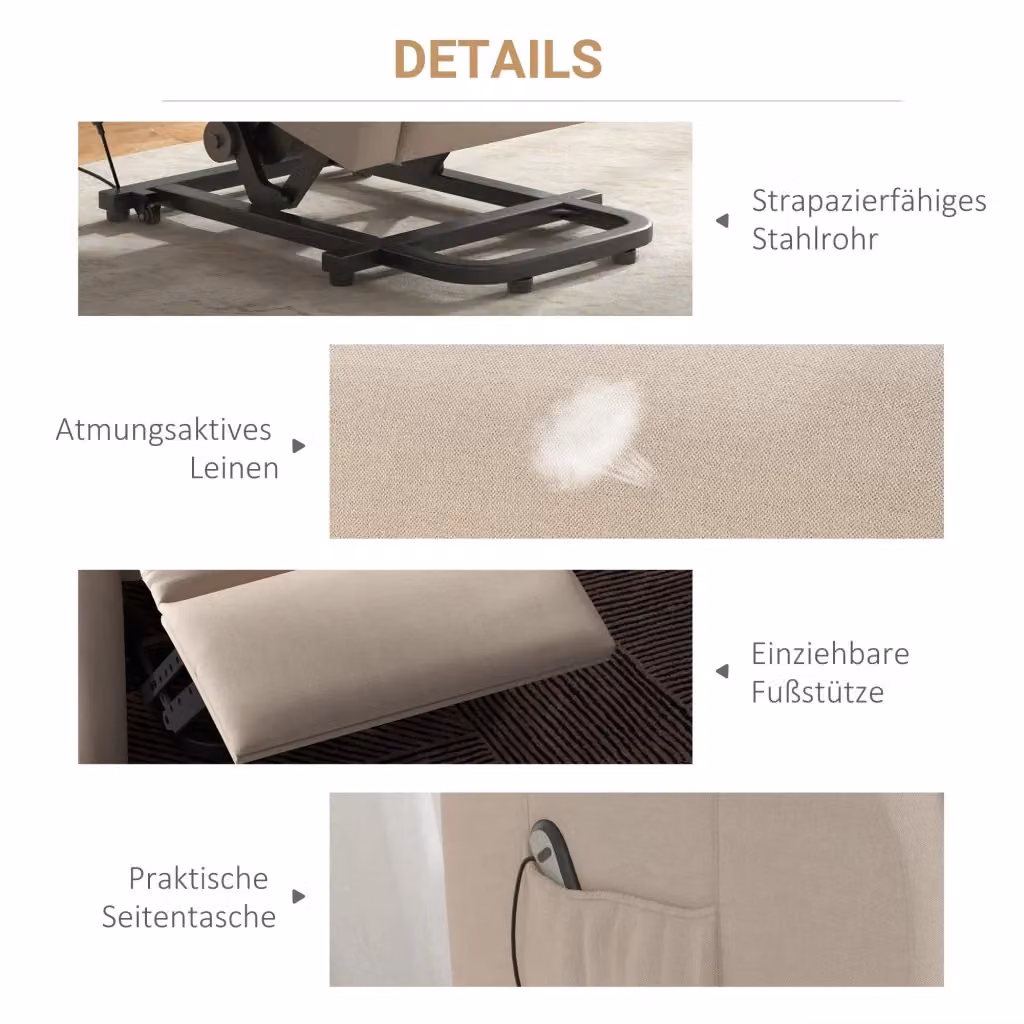 Poltrona reclinabile elettrica con alzata assistita REDOM in tessuto color crema, L: 72,5 cm, P: 94 cm, H: 109 cm – 2