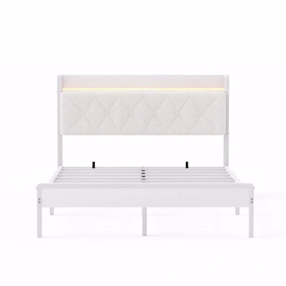 Letto matrimoniale imbottito Minimal Bianco con contenitore, testiera e porte USB, L/P: 140 x 190 cm – 2