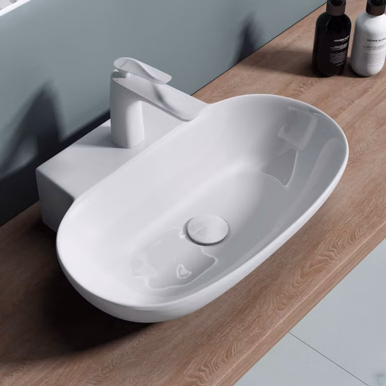 doporro Lavabo da Appoggio in Vetroceramica Bianco Lucido, Lavandino Bagno Moderno con Foro Rubinetto e Rivestimento Nano 56x39,5x12,5 cm Brš¹ssel899
