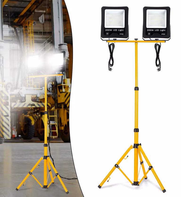 VA-Cerulean: Faretto da cantiere LED da 2x 200W con treppiede telescopico, luce bianca fredda, grado di protezione IP66, cavo da 3 metri, faretto per esterni e officine
