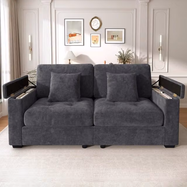 Divano moderno a 2 posti WISHDOR in tessuto grigio con struttura in legno massiccio e 2 cuscini decorativi