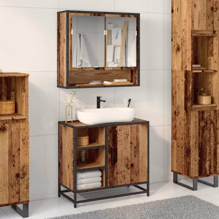 Set di mobili per il bagno vidaXL 2 pezzi in legno e metallo marrone, composto da mobile lavabo e armadietto con specchio, L/P/H: 65 x 33 x 60 cm