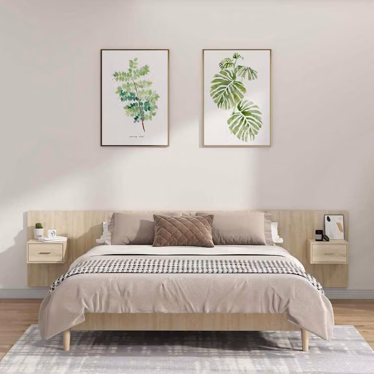 Testiera Letto con Comodini Integrati vidaXL in Legno Multistrato Rovere Sonoma, Colore Marrone e Beige, L/P/H: 240 x 80 x 80 cm