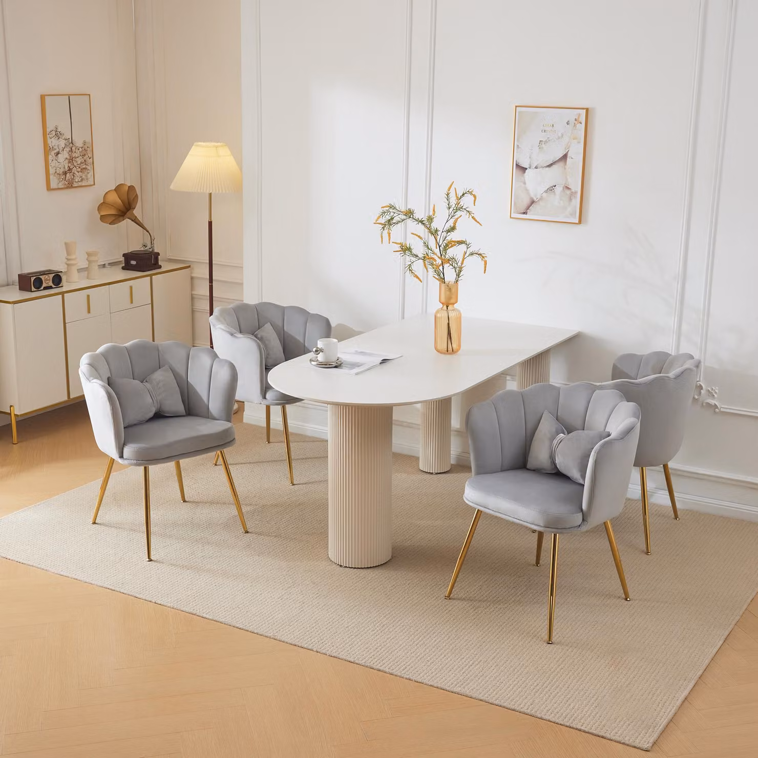 Sedia imbottita MERAX con cuscini decorativi a fiocco (4 pezzi), sedia da sala da pranzo sedia da soggiorno in velluto con schienale a petali e gambe in metallo dorato